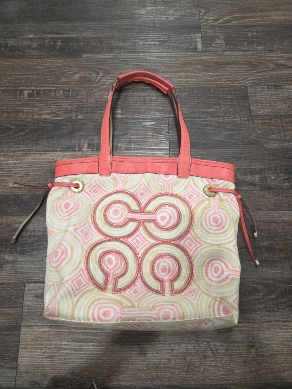 COACH 17044 PINK KHAKI MULTI AUDREY OP ART SWIRL SLIM TOTE
